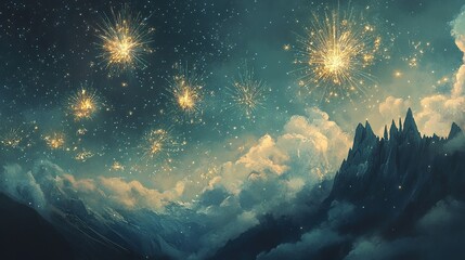Radiating bursts of aqua and golden-yellow fireworks slowly collapsing into glittering streams over soft