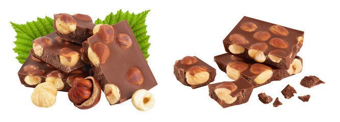 Chocolate with hazelnuts isolated on white background with full depth of field.