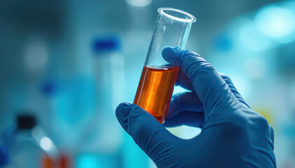 Scientist hand wearing blue glove holds test tube with orange liquid in research lab. Experiment in biotechnology, medical science. Laboratory glassware for medical chemistry, pharmacology, pharmacy,