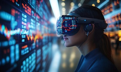 Woman wearing VR headset focused on financial data.