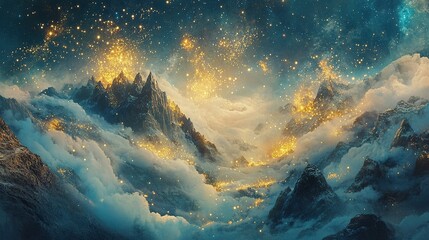 Radiating bursts of aqua and golden-yellow fireworks slowly collapsing into glittering streams over soft