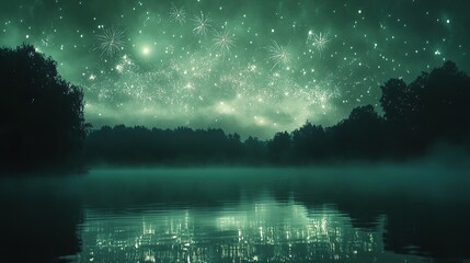 Ribbons of green and silver fireworks rippling across a dark sky