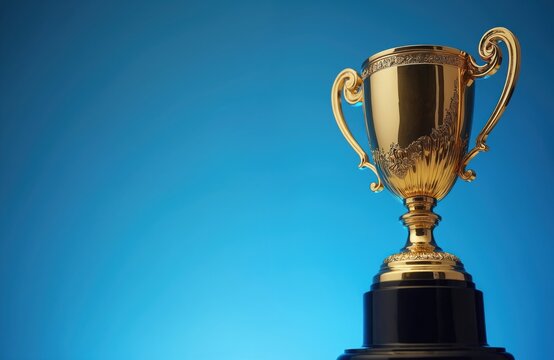 Low angle view of gold trophy against blue background. Symbol of success. Reward for victory in sport or business. Champion cup award. Prize for competition winner.