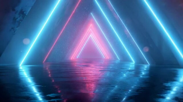 Neon Triangle Tunnel with Pink and Blue Glowing Lights


