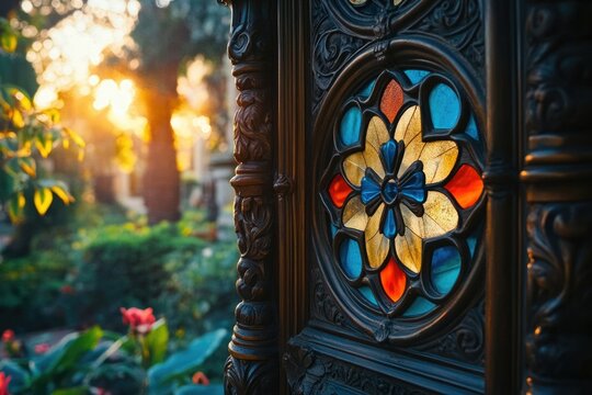 Ornate stained glass window with a floral motif, set against a lush, sunlit garden backdrop, creates a captivating contrast.