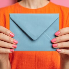 woman in orange blouse is holding a blue envelope