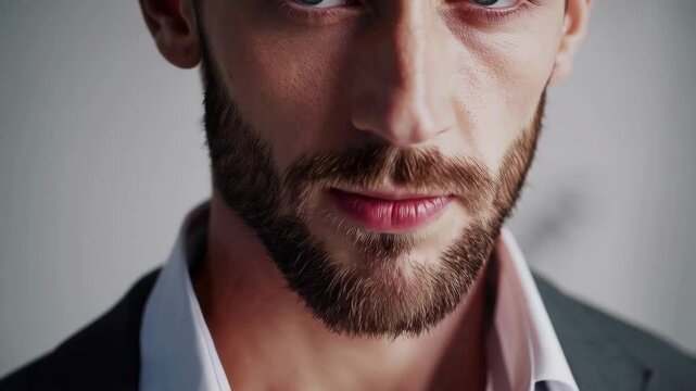 highly attrative gym fit built white man, short brown beard, with silver eyes, wearing a fitted 3 piece gray suit with open white fitted button down shirt with the top three bottons open