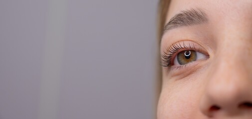 Close-up of a woman's eye after eyelash lamination procedure. 