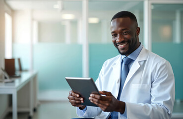Fototapeta premium Portrait of smiling black male doctor holding tablet. Doctor wears lab coat tie in hospital office. Telemedicine online consultation concept. Healthcare, technology, pro work.
