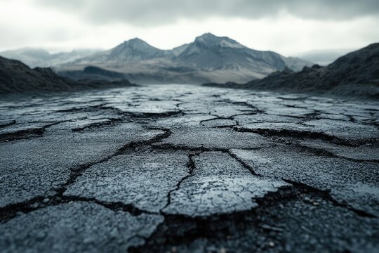 Cracked asphalt road leading to distant mountains under a cloudy sky, creating a desolate landscape.