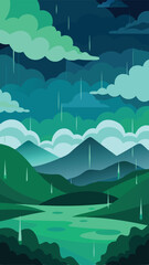 Fototapeta premium Abstract landscape illustrating a rainy scene with mountains clouds and water in vector style