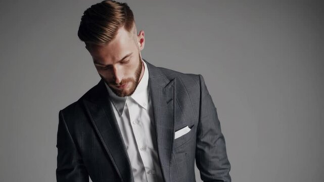 highly attrative gym fit built white man, short brown beard, with silver eyes, wearing a fitted 3 piece gray suit with open white fitted button down shirt with the top three bottons open