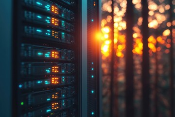 Data servers with glowing lights stand against a blurred forest backdrop, symbolizing the integration of technology and nature's resilience.