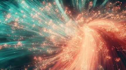 Smooth curling trails of soft emerald and pale rose fireworks spinning upward and fanning out like intricate glowing petals over a riverside.