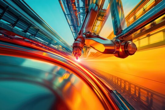 Robotic arm in manufacturing process with dynamic light trails, depicting automation, precision, and modern industrial technology. - Powered by Adobe