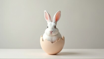 Fototapeta premium White bunny sits inside simple eggshell, neutral background. Minimalist design, modern chic. Easter holiday decor. Concept of new life, spring, joy, celebration. Perfect for cards, posters, web
