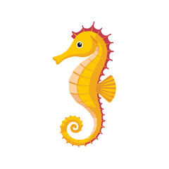 Illustration of a yellow seahorse with spiny red dorsal fin on black background, stylized ocean creature in vector format