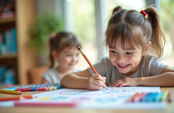 Young girls drawing with colored pencils. Children activity for creativity, art learning. Happy kids have fun at home, preschool education, drawing with crayons on table.