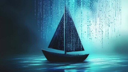 Sailboat navigates through a sea of binary digits in a futuristic ocean landscape at night, Technological background with blue digits of binary code running up against black computer monitor - Powered by Adobe