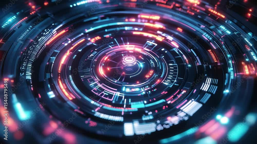 Poster futuristic circular design with vibrant neon lights showcasing technology and innovation, 5g written