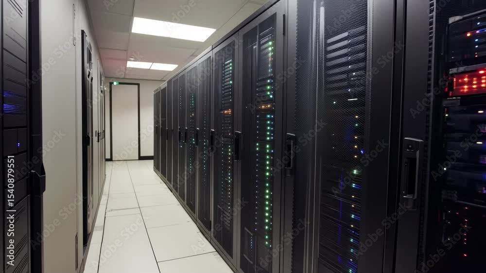 Poster data processing in a modern server room with advanced technology handling financial information, fin