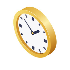 Isometric style clock illustration with golden frame and white face on a black background