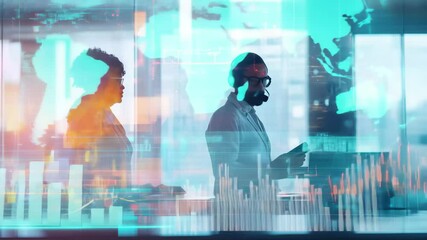 Colleagues analyzing data with digital diagrams in a modern office setting during the day, data processing and diagrams over diverse colleagues discussing work - Powered by Adobe