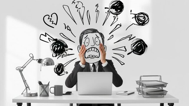 Stressed businessman with cartoon panic face animation in modern office setting. Corporate stress, emotional burnout, office anxiety, conceptual business humor.