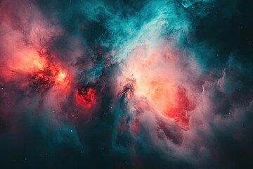 A stunning nebula with vibrant hues of red, blue, and white swirling together, creating a captivating cosmic scene of interstellar gas and dust.