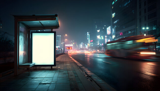 Bus stop billboards with blank copy space for advertising. Empty mock up Lightbox for information, clear display. Urban city street with blurred bus at night.