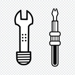 wrench and screwdriver icon set in black and white on transparent background