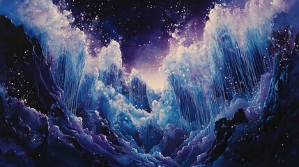 Soft pastel streams of silver-blue and violet fireworks cascading downward