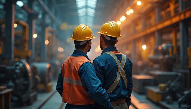 Two workers in protective uniform and hard hats stand in an industrial plant. Focus on workers, safety, team in power plant, factory. Industrial sector tech. Metalworking industry theme.