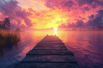Obraz premium A stunning sunset over a calm lake, with a wooden dock leading into the water, showcasing serene beauty.