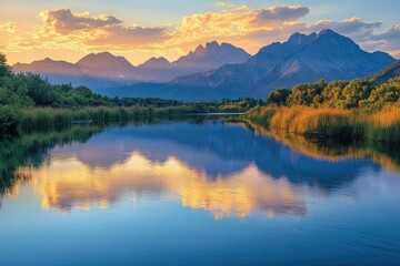 A serene lake reflects majestic mountains and a vibrant sunset, creating a tranquil and picturesque natural landscape.