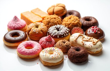 Variety of colorful pastries, desserts arranged on white background. Donuts, cakes, cookies, muffins with frosting, sprinkles. Baked goods, sweet treats for breakfast, brunch, party, celebration