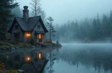 Stone fairytale cottage by misty lake at dusk in forest. Building reflects in tranquil water. Cozy house at lake shore at sunset, fog, dusk, peace. Beautiful scenery, fantasy, magic, scenic place.