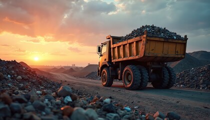Dump truck on landfill with sunset background. Waste management, environmental issues. Heavy machinery transports construction debris, rocks, earth. Urban pollution, industrial site, construction