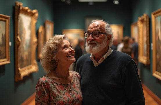 Senior couple enjoys art in gallery. Elderly people look at paintings during cultural visit. Smiling woman, man in glasses admire artworks. Museum exhibition, leisure, elegant lifestyle.