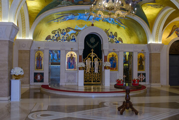 June 14, 2025 - Belgrade, Serbia. Interior of the Crypt of the Church of St. Sava with accessories for the sacred wedding ceremony