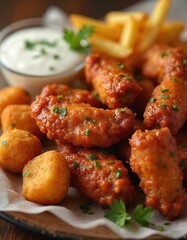 Fototapeta premium Close-up photo of boneless chicken wings with crispy fries and tater tots, served with creamy sauce. Platter with tasty meal, perfect snack for fast food restaurant menu or home delivery.