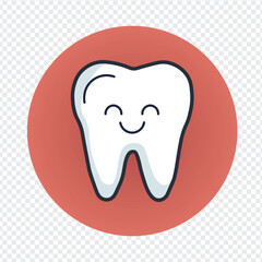 cartoon smiling tooth icon on red circular background with dental care theme