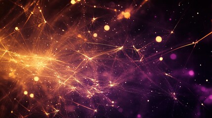 Streams of bright amethyst fireworks interwoven with golden bursts creating an ethereal tapestry of light against a pitch-black sky.
