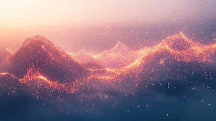 Stunning firework trails of shimmering gold and ruby-red forming geometric crown-like shapes above a misty mountain landscape.