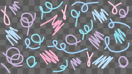 Various colorful hand-drawn doodles and sketches are scattered across a transparent background. The artwork features abstract lines and shapes in soft pastel hues