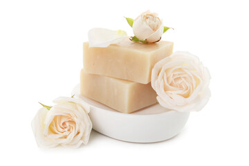 Aromatic soap bars and roses isolated on white