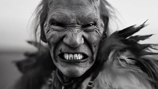 Furious indigenous chief in black and white. Ancestral power, defiance, cultural pride, and emotional intensity.