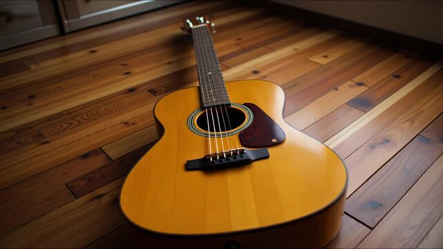 Acoustic guitar resting on wooden floor in natural light