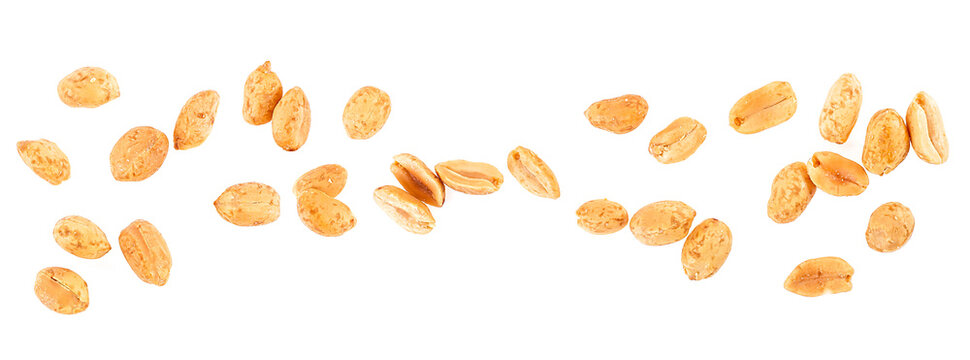 Roasted peanuts snack isolated on a white background, top view. Fried and salted peanuts.