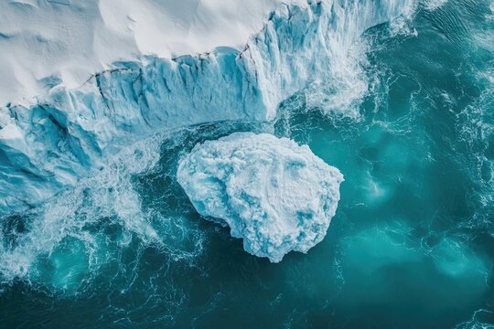 Aerial view of a massive glacier and floating iceberg in turquoise arctic waters, a breathtaking polar landscape.